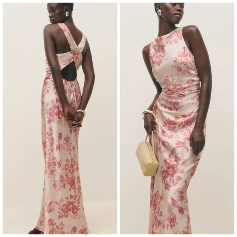 Reformation Anaiis Pink Floral Silk Maxi Dress Cameo Rose Print Size 10